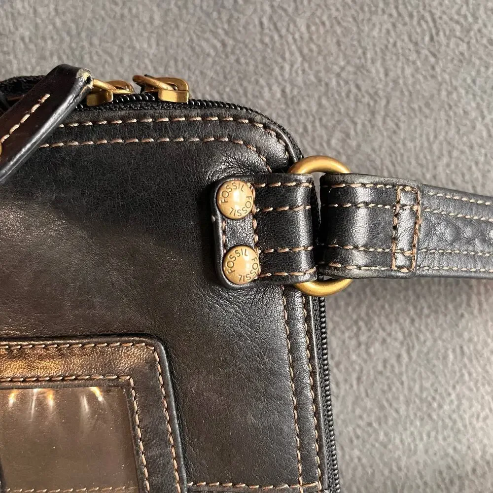 VTG Fossil Leather Shoulder Bag Black Unisex Minimalist Organizer Purse Retro